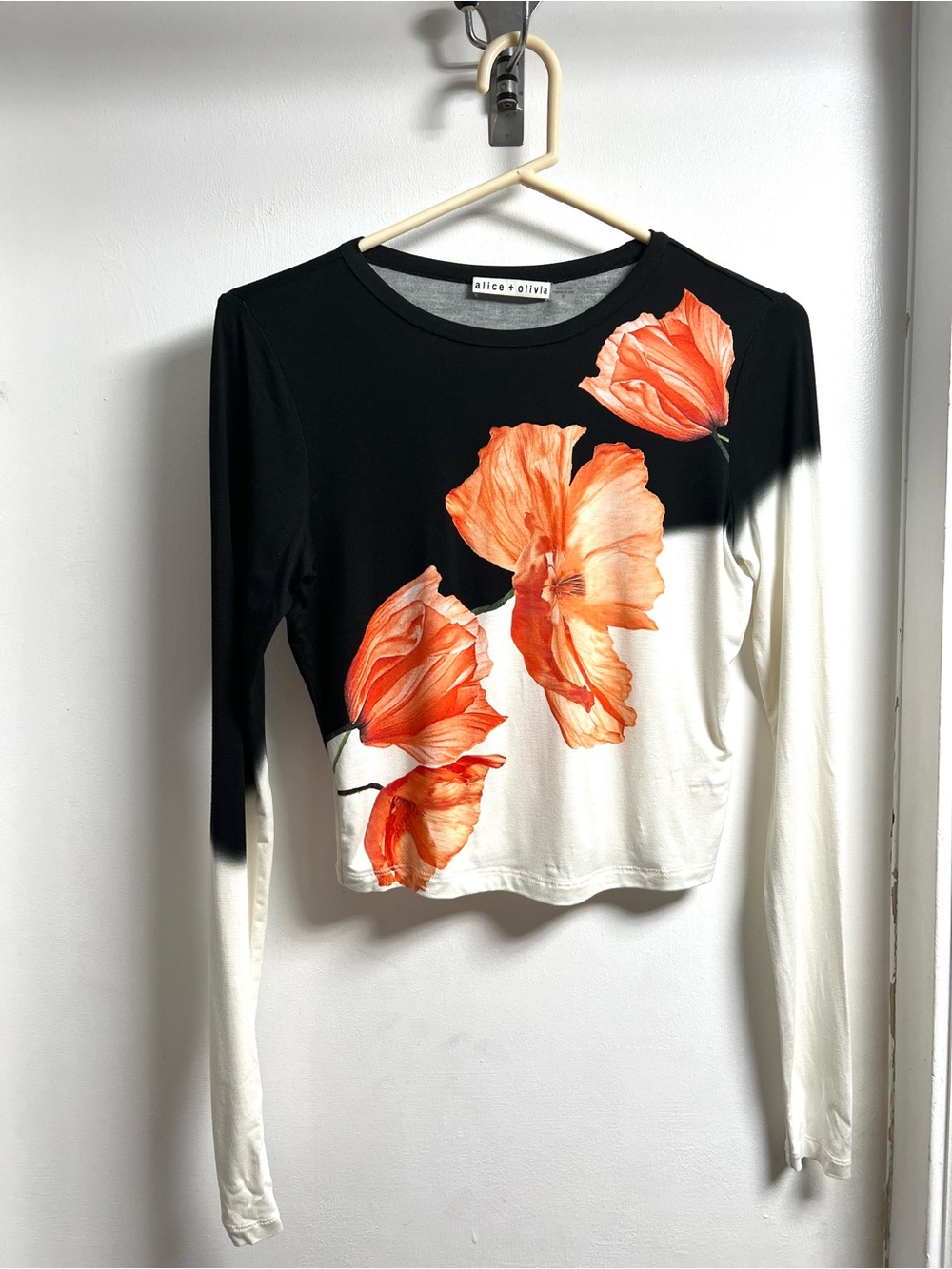 Alice + Olivia Black & White Long-Sleeve Top with Orange Floral Print